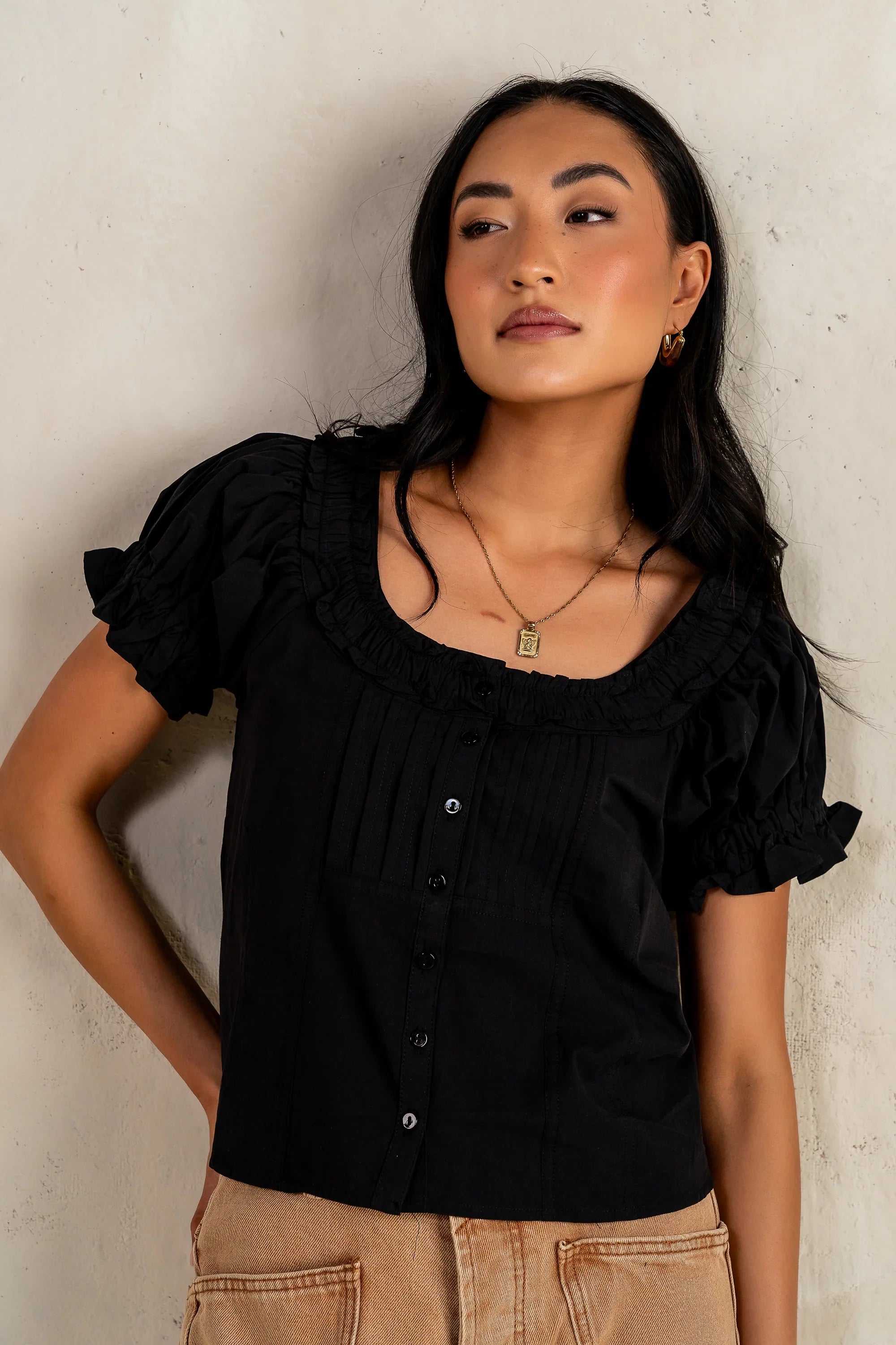 Payton Button Front Blouse in Black FINAL SALE