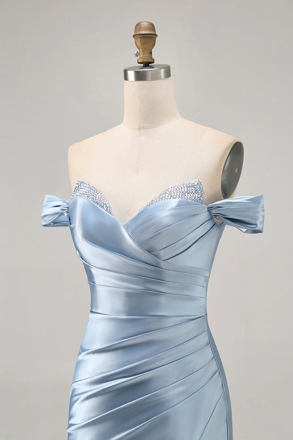 Grey Blue Bodycon Off The Shoulder Ruched Satin Homecoming Dress with Slit