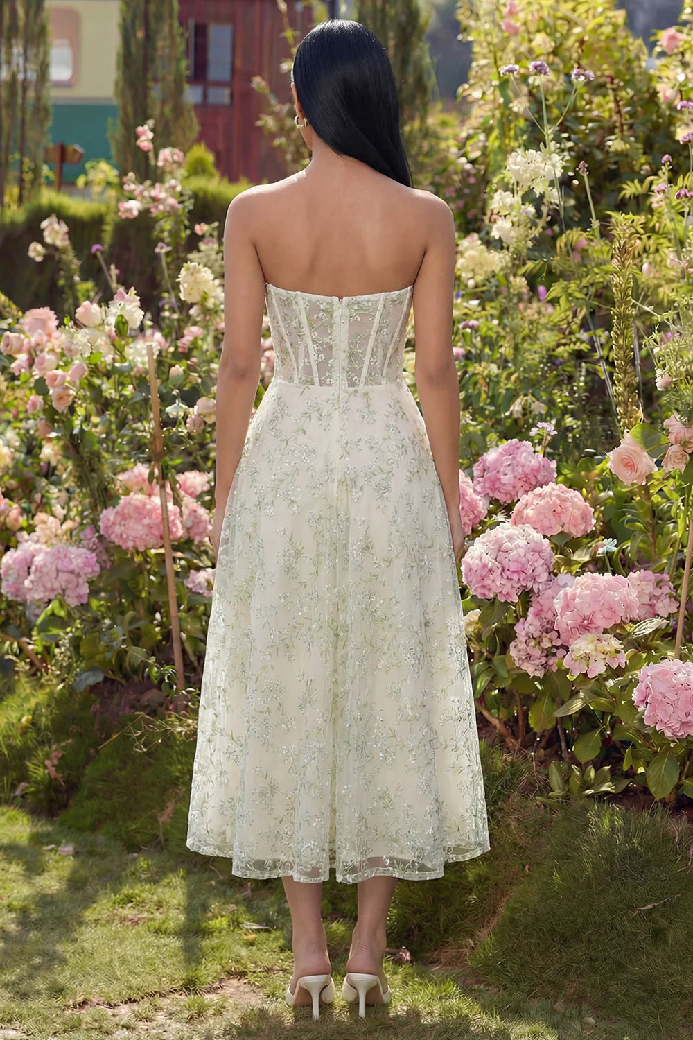 Strapless Light Green Floral Corset A Line Midi Wedding Guest Dress