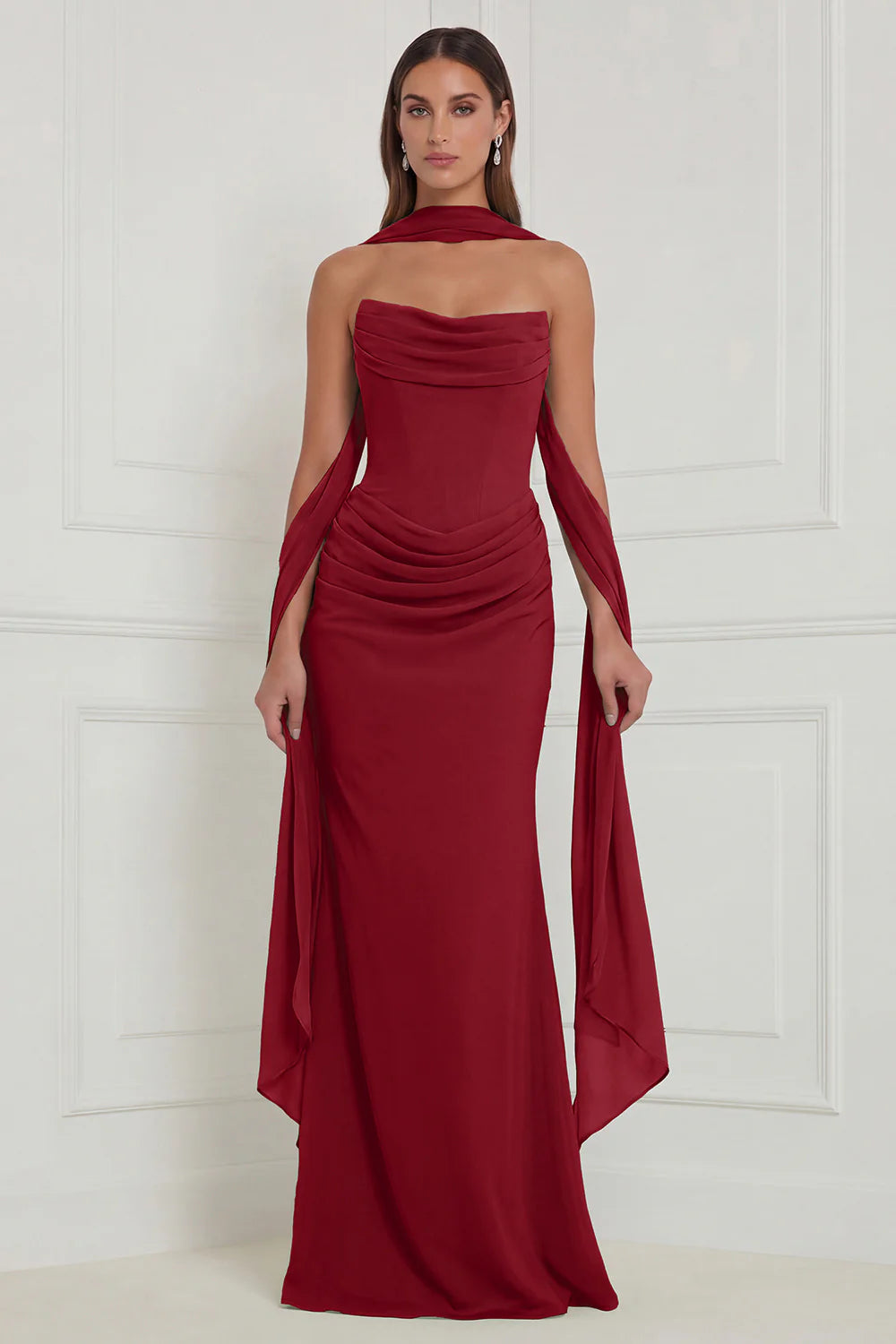 Strapless Ruched Sage Bridesmaid Dress with Scarf