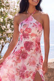 Floral Pink A Line Halter Wedding Guest Dress with Slit