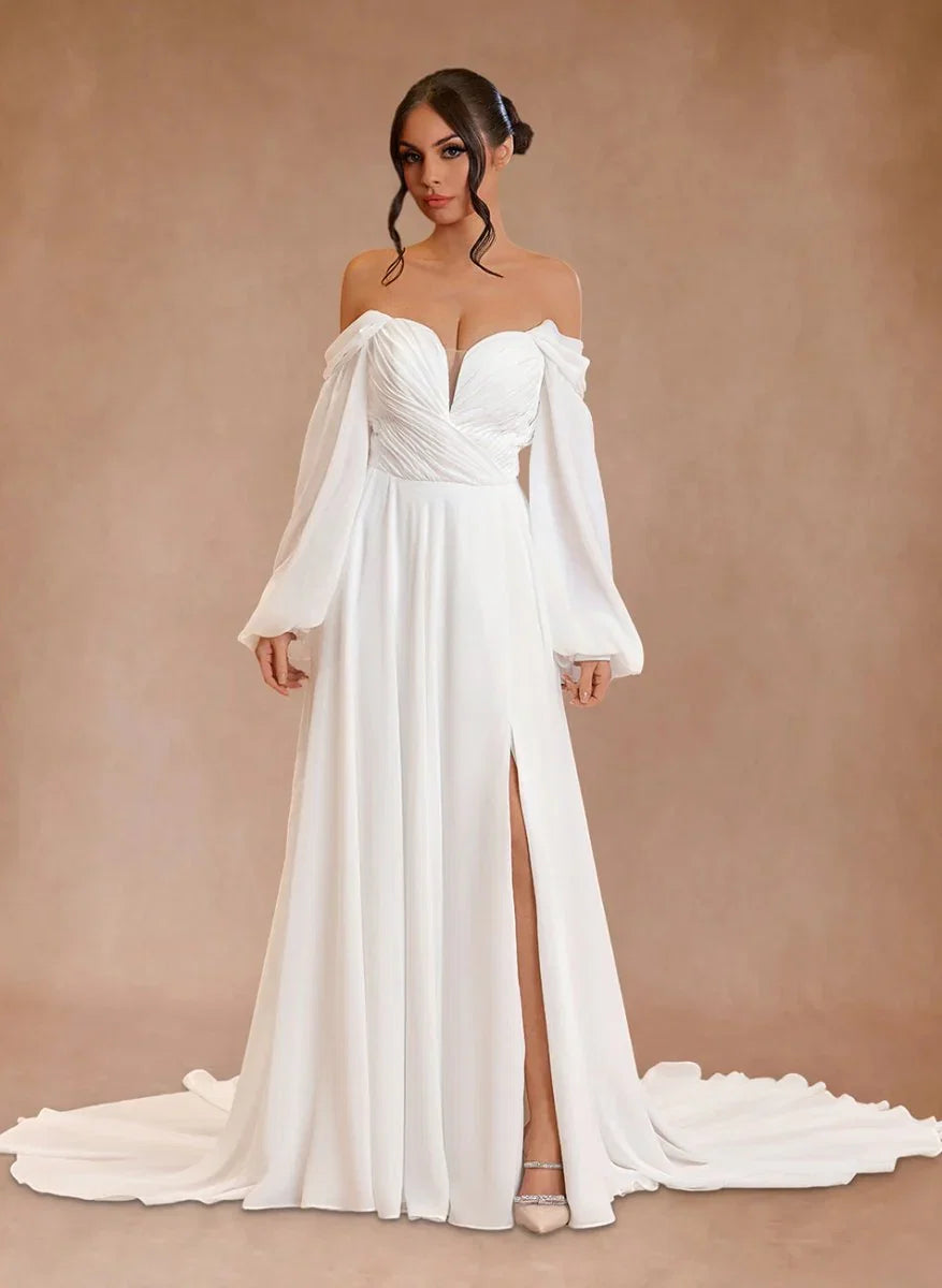 A Line Sweetheart Long Sleeves Chiffon Sweep Train Wedding Dress