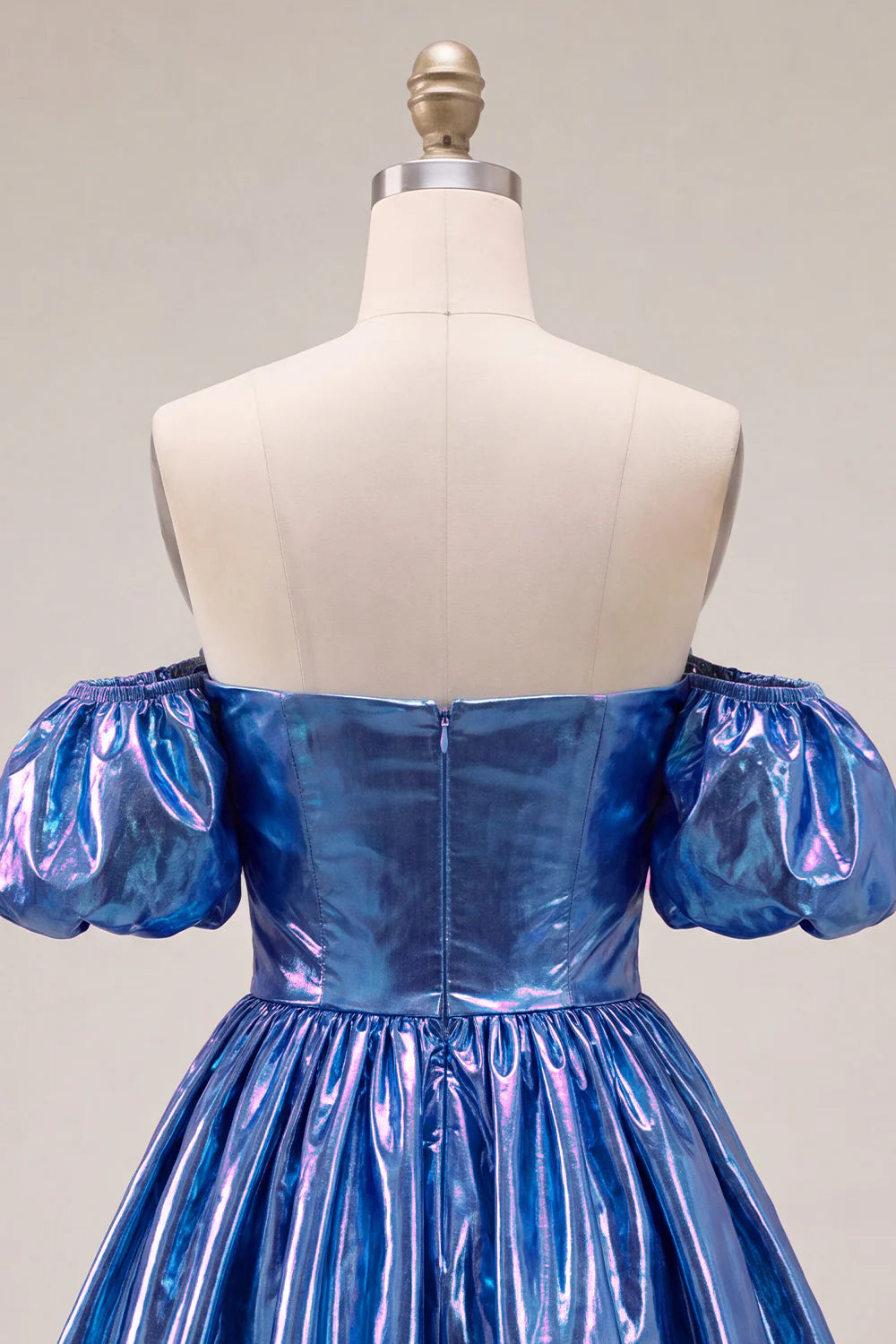 Fuchsia Metallic Off the Shoulder A Line Homecoming Dress with Puff Sleeves