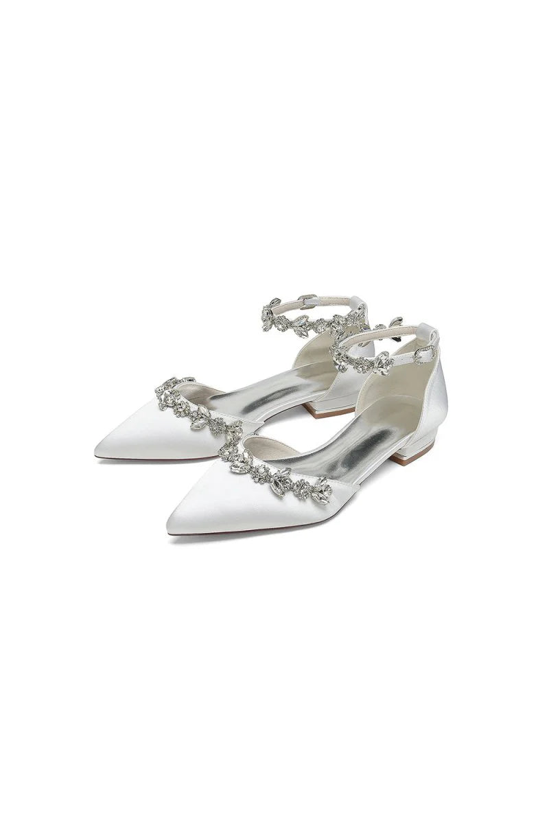 Pointed Toe Rhinestone Beaded Ankle Strap Kitten Heels