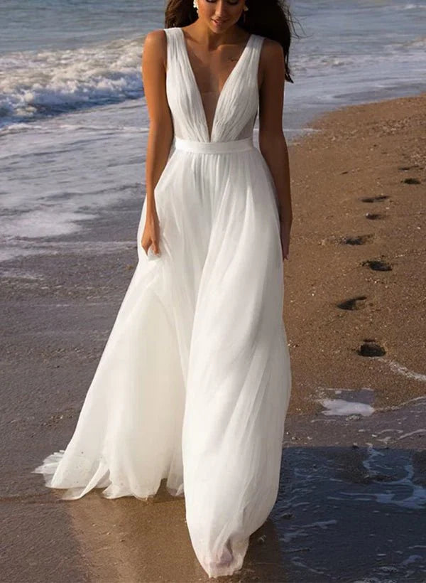 A Line Deep V neck Sleeveless Sweep Train Tulle Beach Wedding Dresses