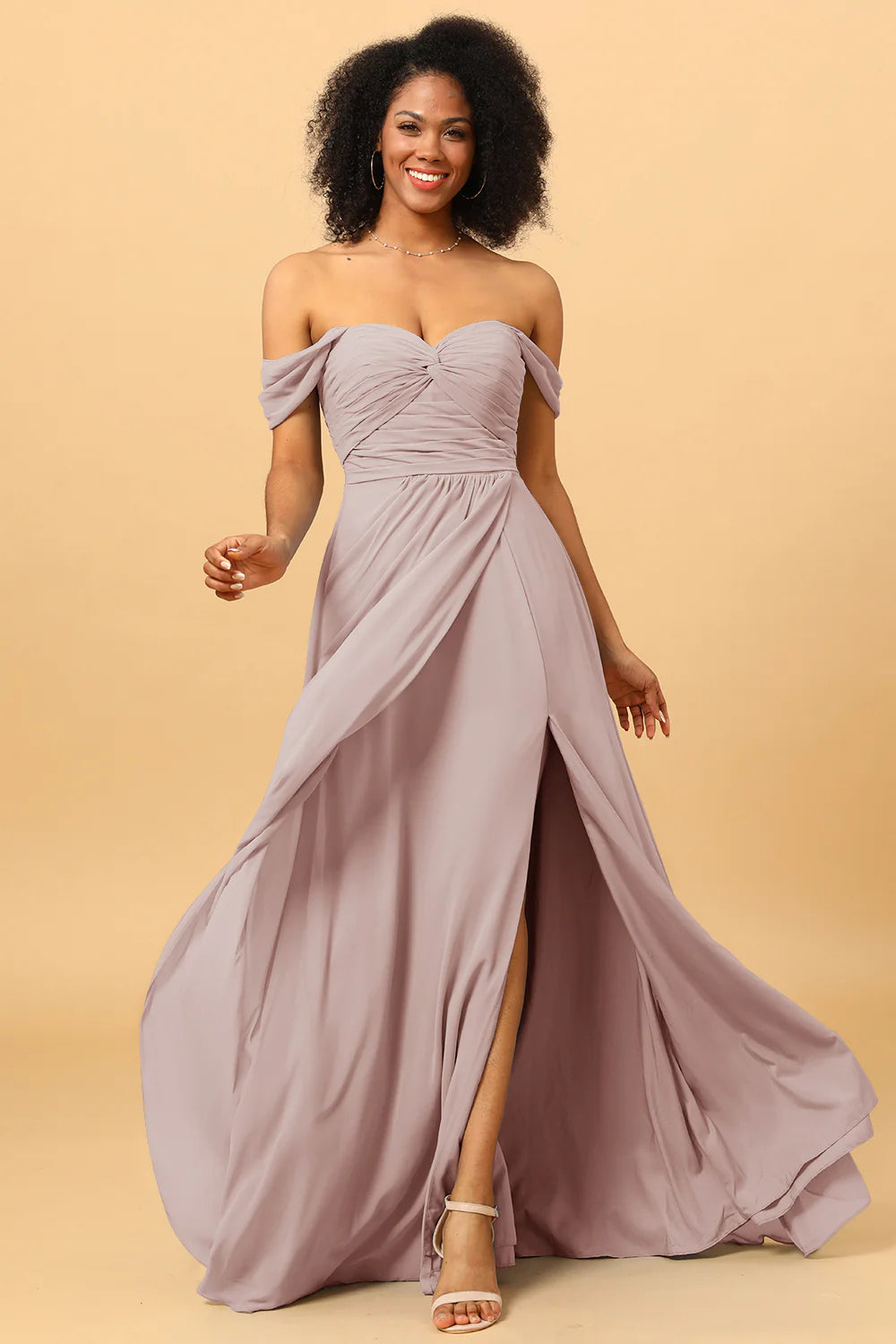 A Line Off the Shoulder Ruched Chiffon Bridesmaid Dress with Slit