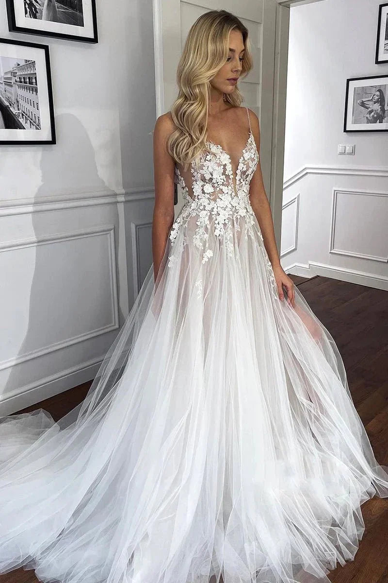 Spaghetti Straps V Neck Lace Appliques A line Tulle Rustic Wedding Dress