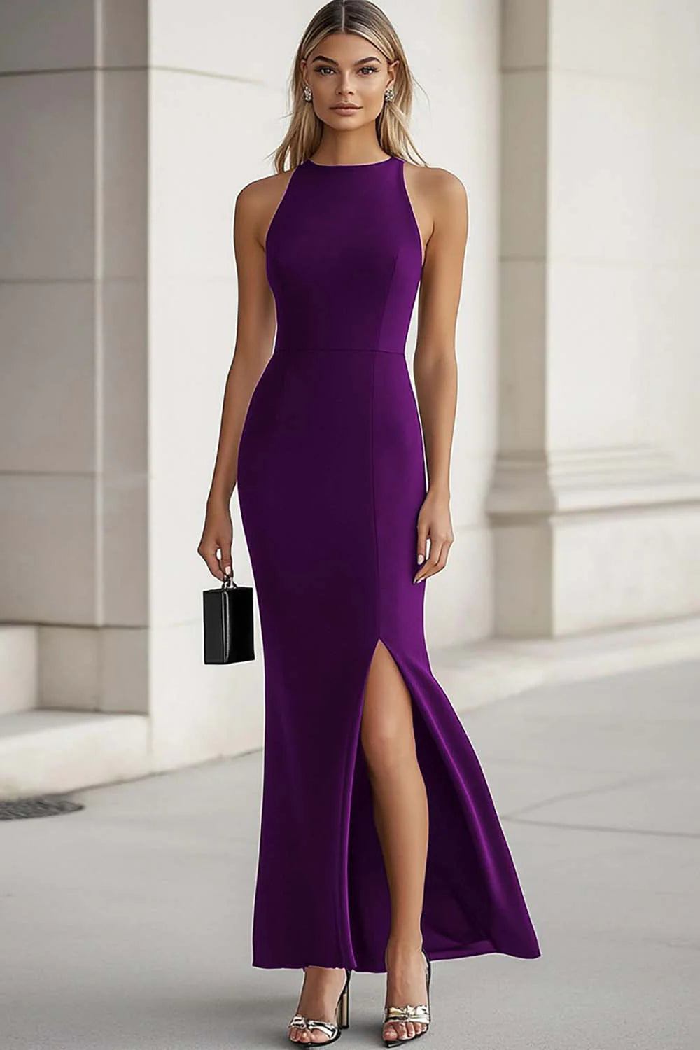 Bateau Neck Mermaid Long Black Tie Dress With Slit