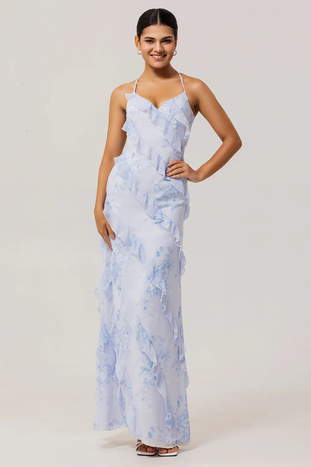 Blue Flower Sheath Printed Long Bridesmaid Dress with Lace Up Back