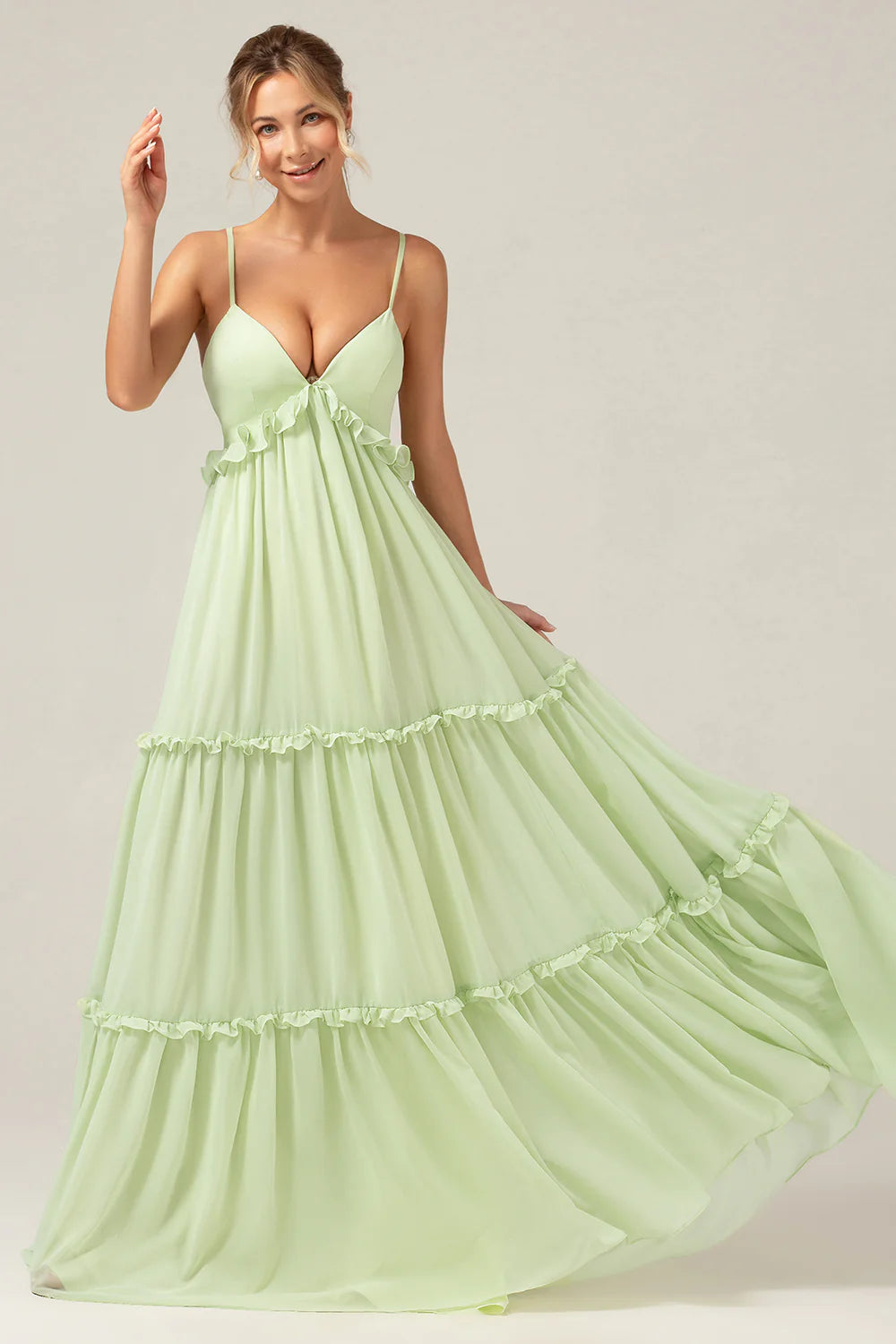 Light Green A Line Spaghetti Straps Backless Long Bridesmaid Dress With Ruffles