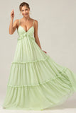 Light Green A Line Spaghetti Straps Backless Long Bridesmaid Dress With Ruffles