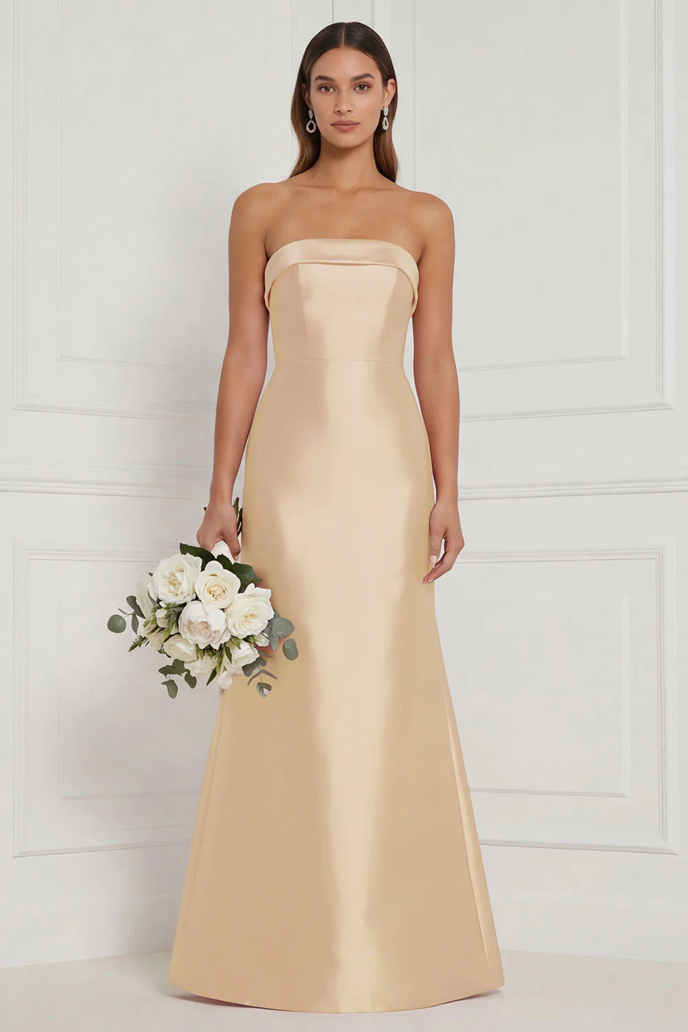 Strapless Mermaid Dusty Rose Satin Long Bridesmaid Dress
