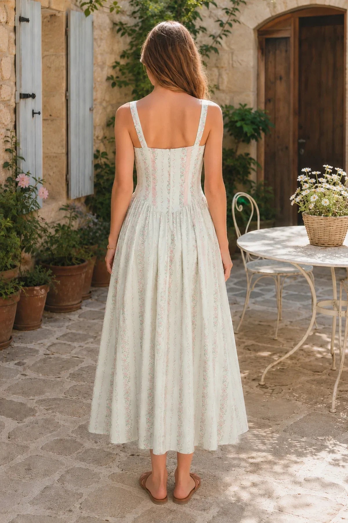 White Vintage Rose Printed A Line Cotton Midi Dress