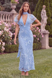 Lilac V Neck Mermaid Floral Wedding Guest Dress with Scarf