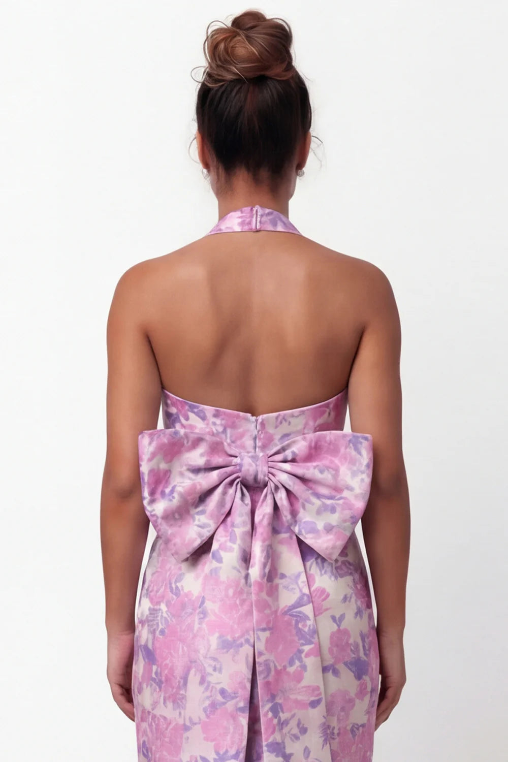 Halter Lilac Flower Mermaid Printed Long Bridesmaid Dress with Bow