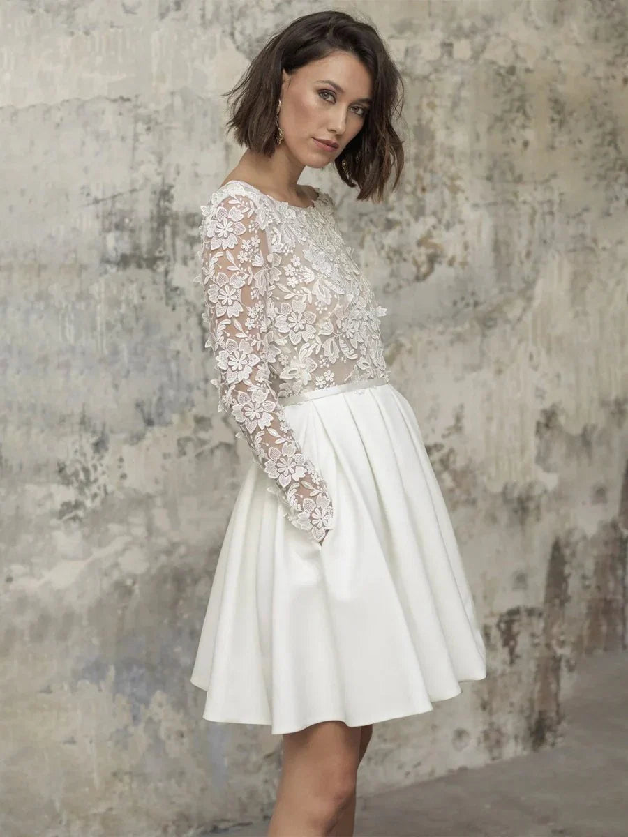 Simple A Line Short Knee length Satin Lace Bateau Long Sleeve Wedding Dress