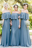 Dusty Blue A Line Off the Shoulder Long Chiffon Boho Bridesmaid Dress