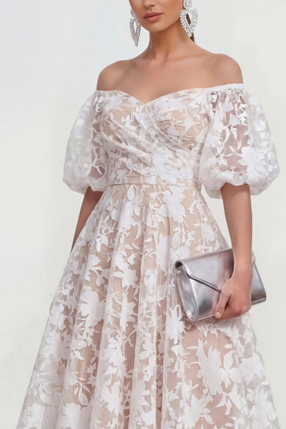 Floral Pink Off the Shoulder A Line Midi Wedding Guest Dress
