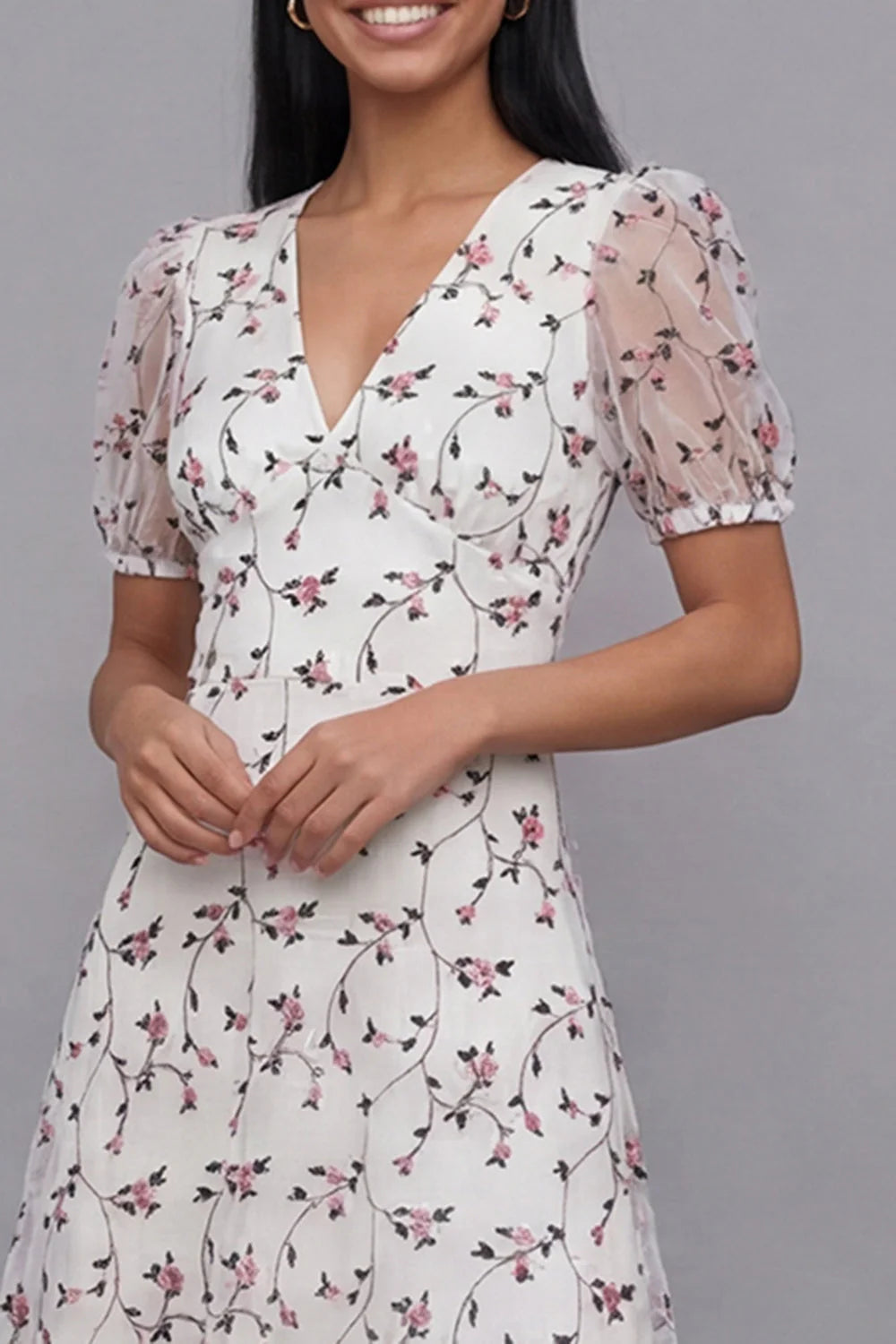 White Floral A Line Midi Wedding Guest Dress with Short Sleeves