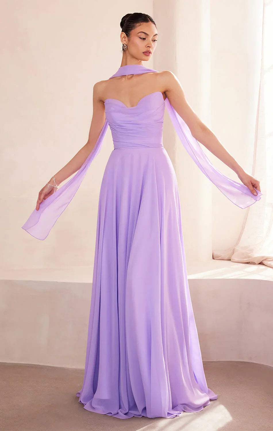 Ella Gown A line Strapless Chiffon Dress With Scarf