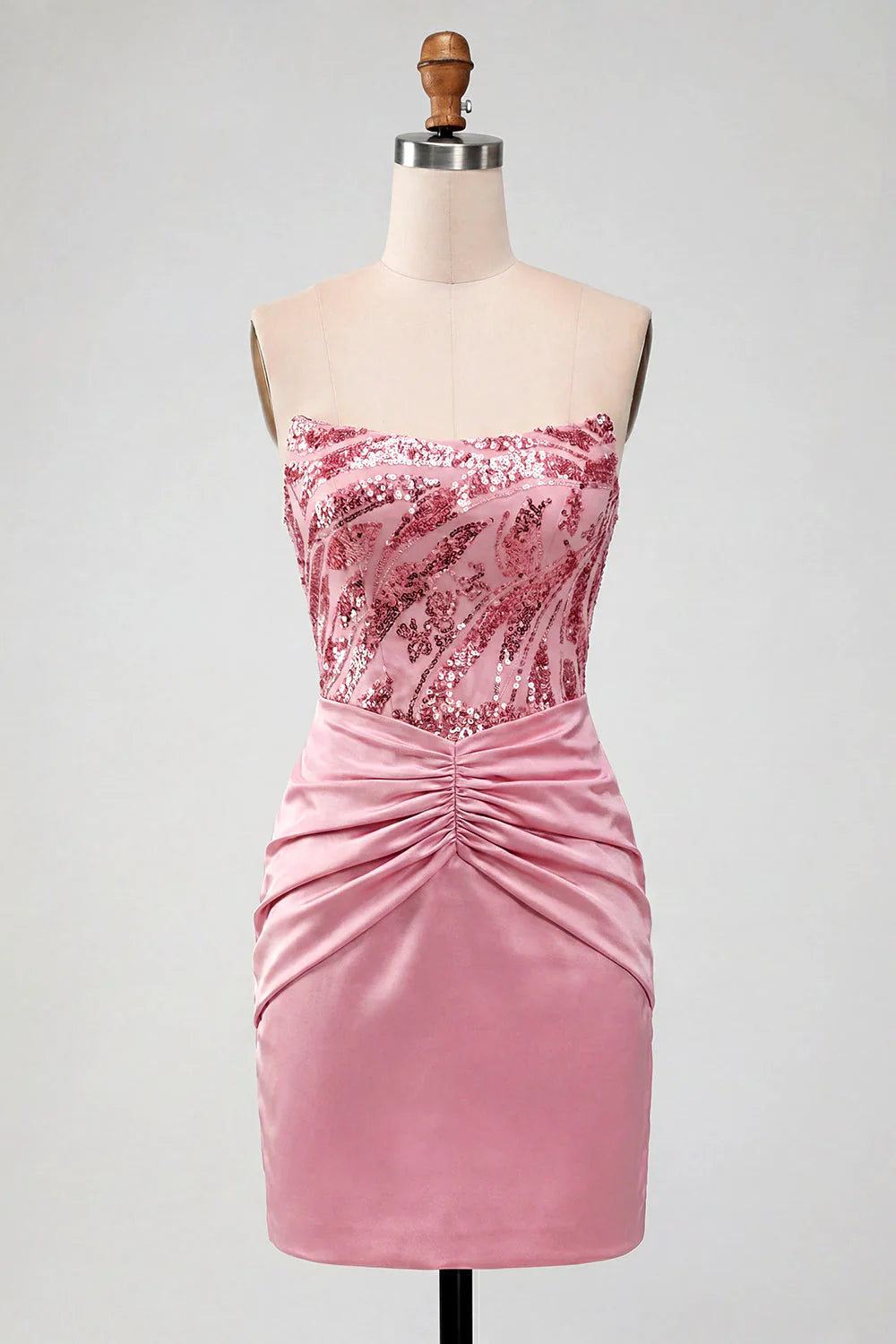 Strapless Sequin Bodycon Ruched Pink Homecoming Dress
