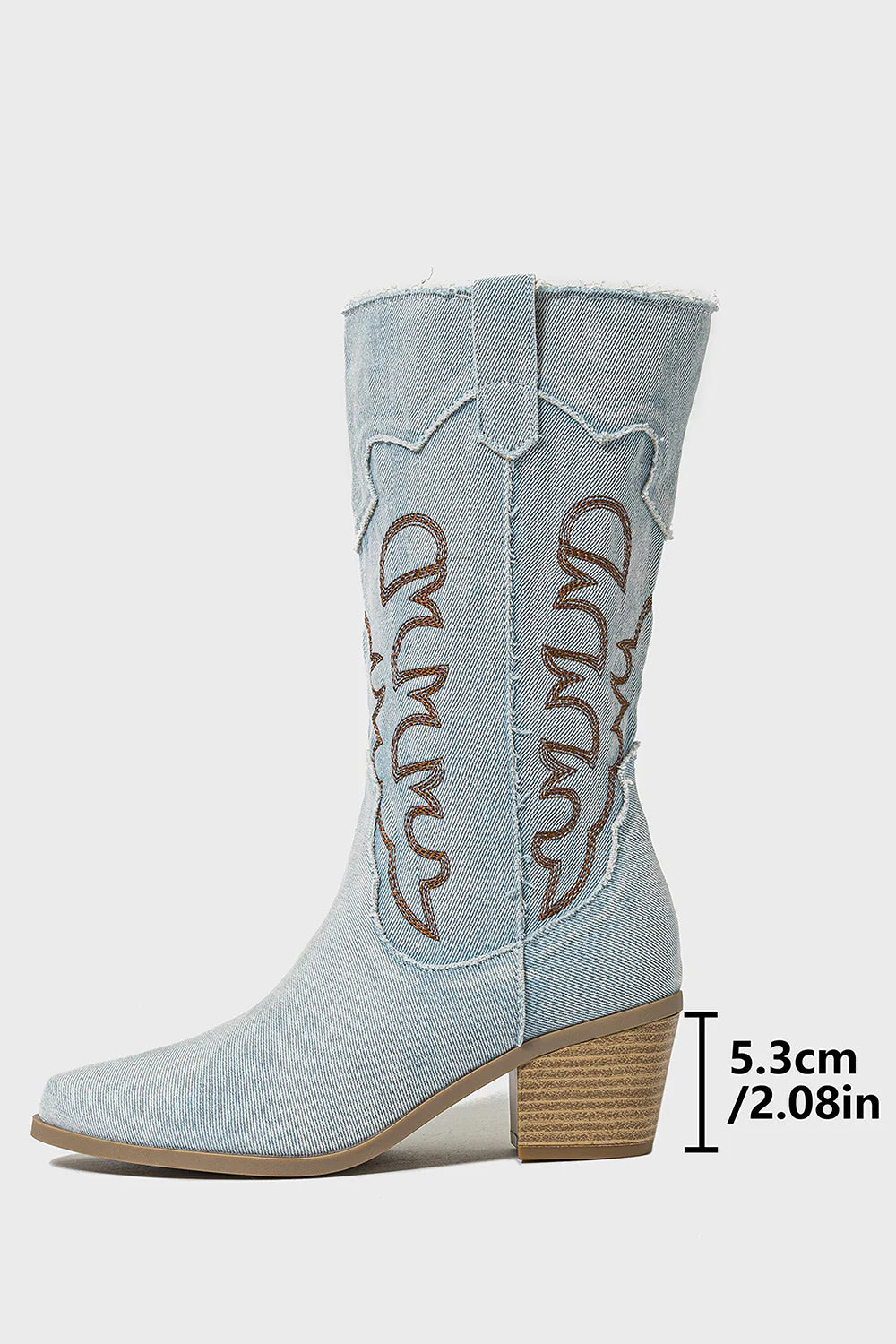 Denim Embroidered Mid Calf Cowboy Boots