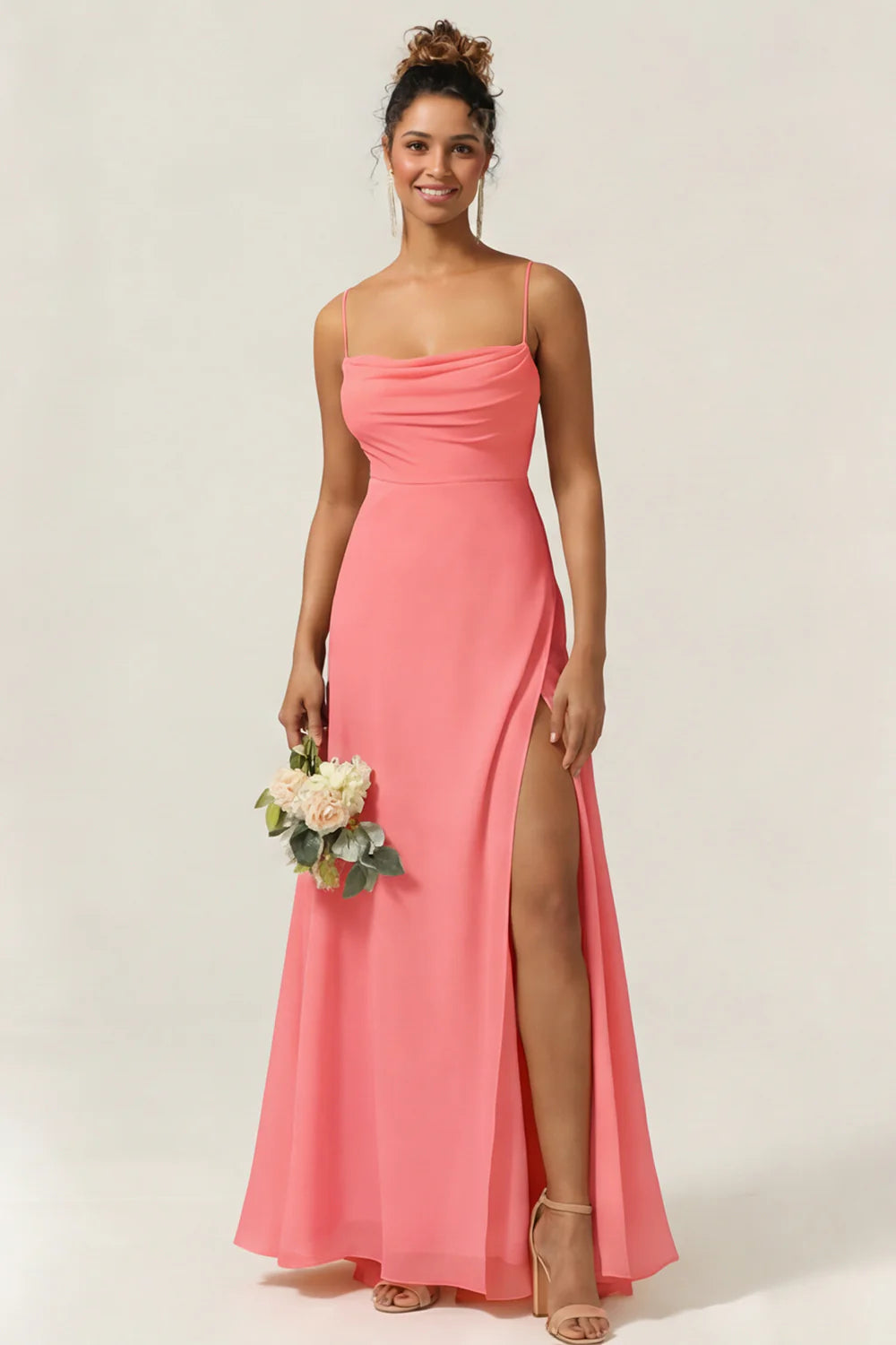 Blue Flower A Line Spaghetti Straps Chiffon Long Bridesmaid Dress with Slit