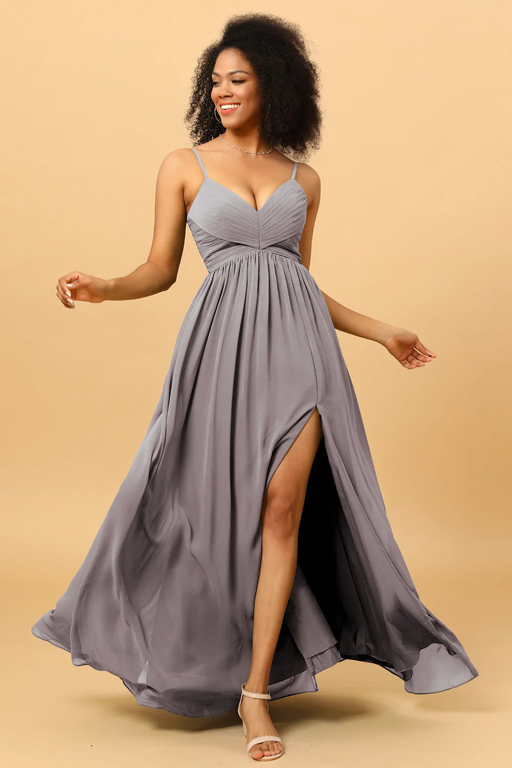 A Line Spaghetti Straps Ruched Long Chiffon Bridesmaid Dress with Slit