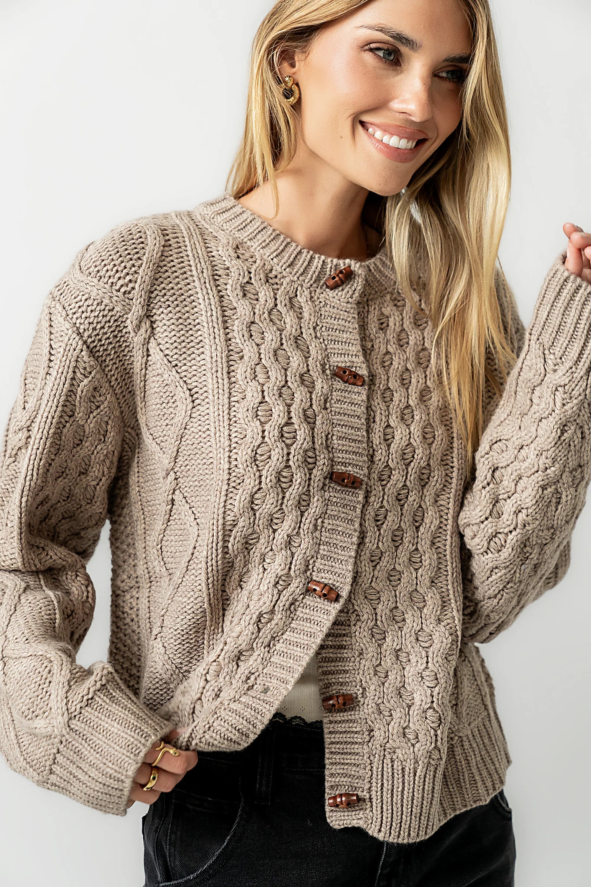 Noah Cable Knit Cardigan in Taupe FINAL SALE