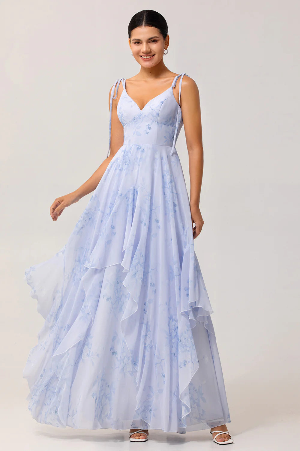 A Line Spaghetti Straps Long Blue Floral Bridesmaid Dress with Ruffles