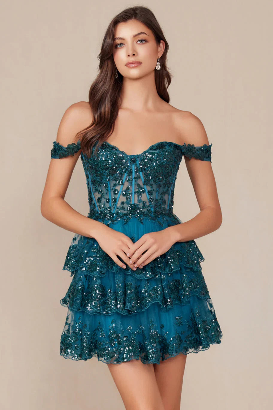 BRENNA MINI DRESS TEAL OFF SHOULDER TIERED SHORT DRESS