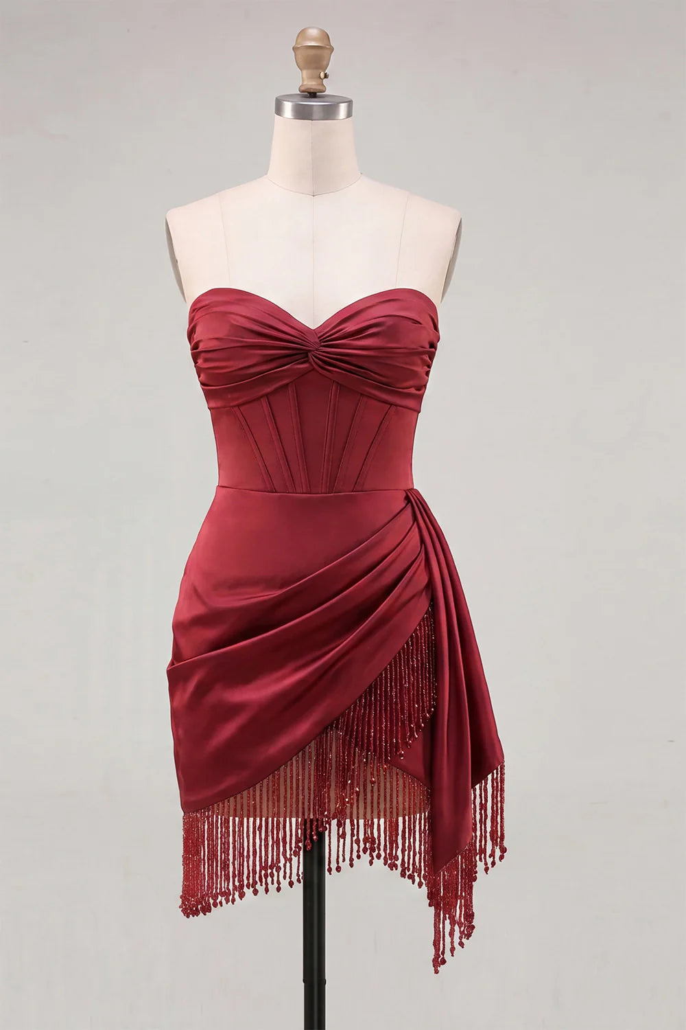 Strapless Fuchsia Fringed Ruched Bodycon Corset Homecoming Dress