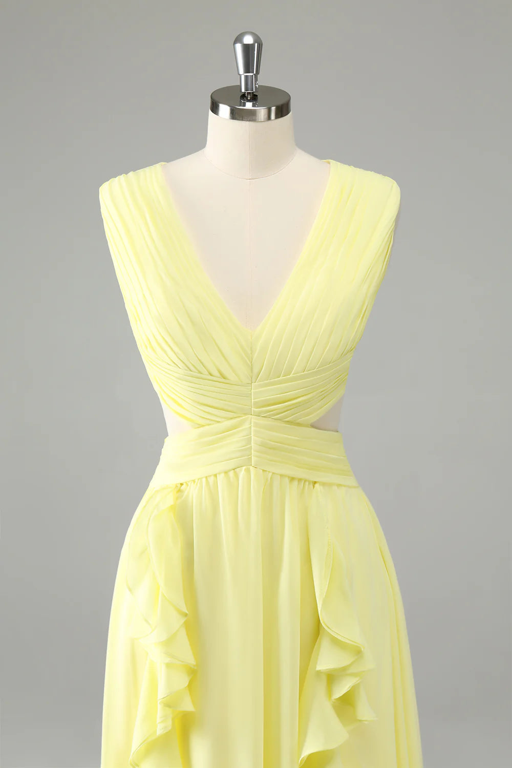 Lemon Yellow A Line V Neck Ruffle Pleated Bridesmaid Dress with Lace Up Back