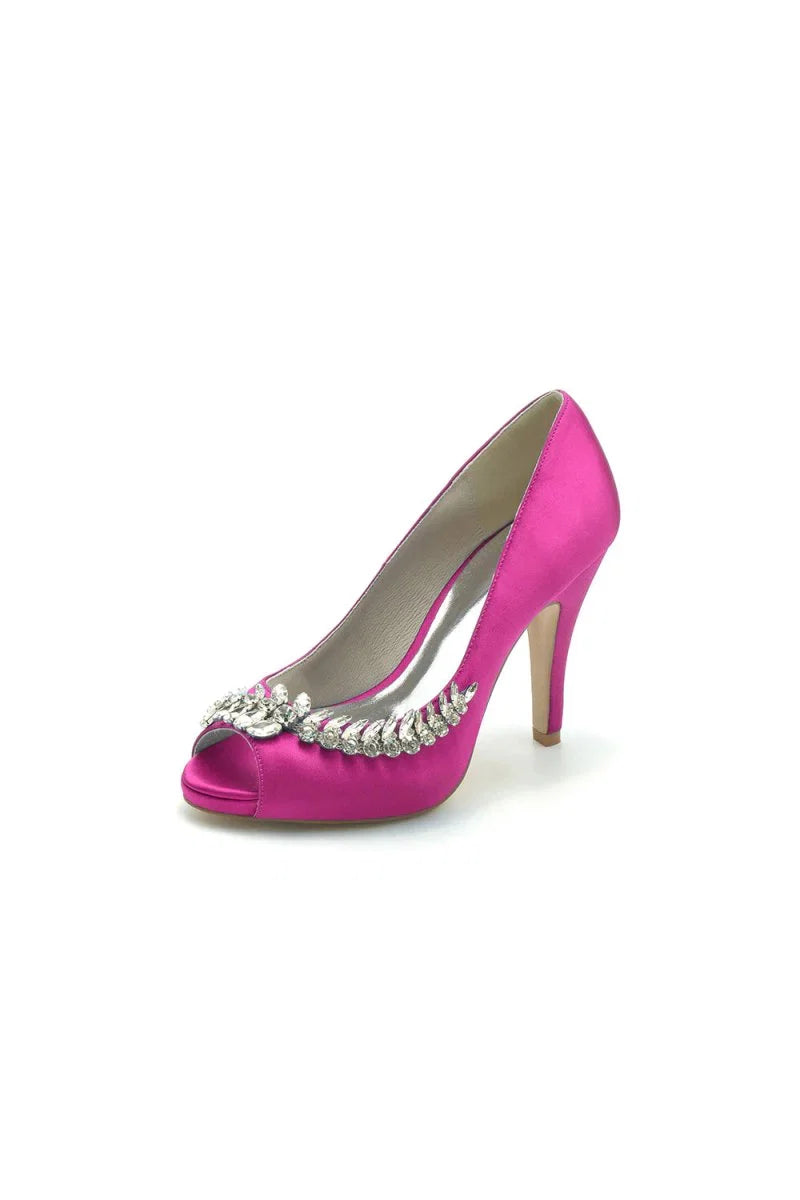 Satin Peep Toe Slip on Rhinestone High Heels