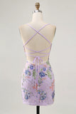 Lilac Spaghetti Straps Short Floral Tight Homecoming Dress