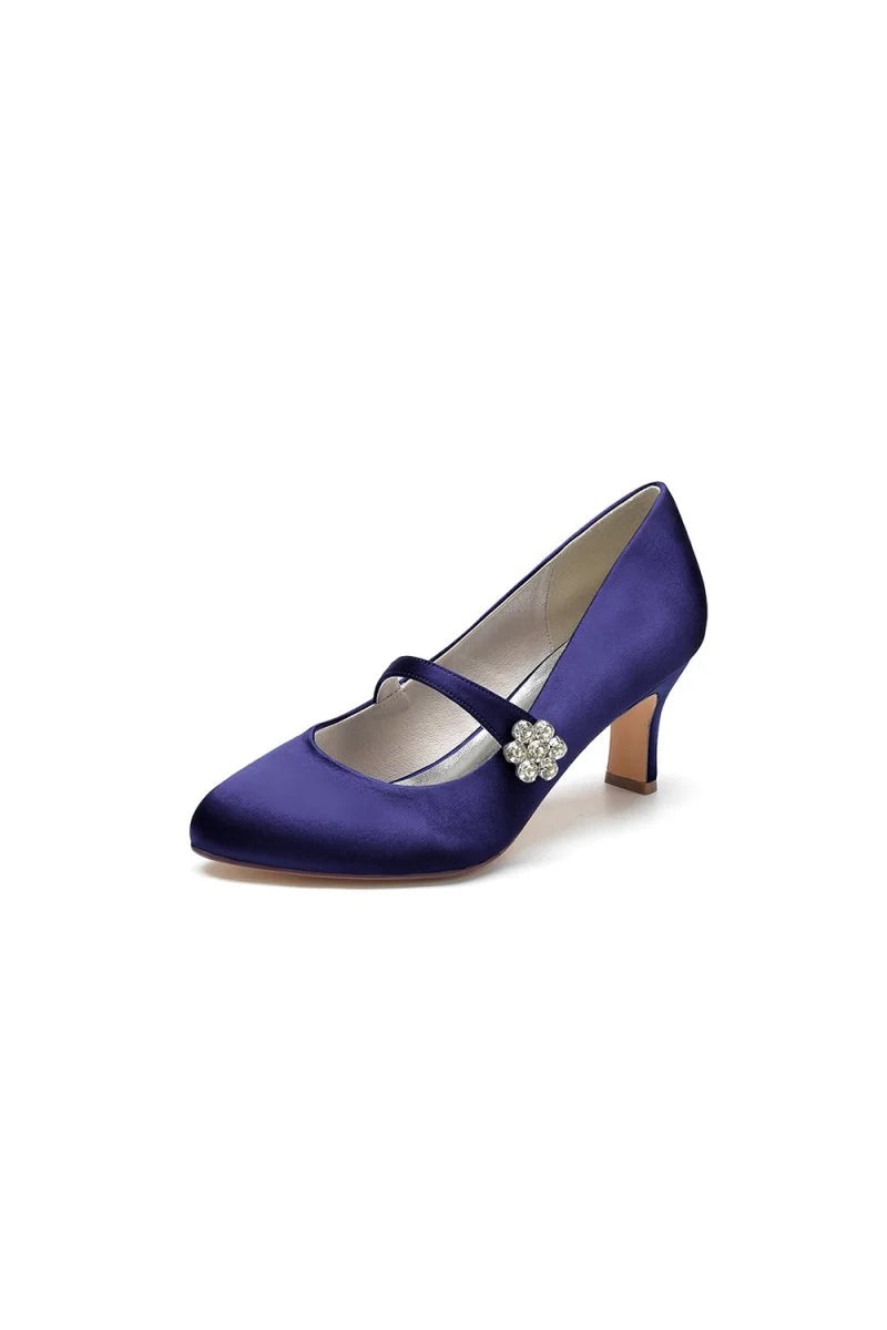 Round Toe Crystal Buckle Strap Chunky Heels