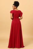A Line Bateau Neck Ruched Long Chiffon Bridesmaid Dress with Ruffles