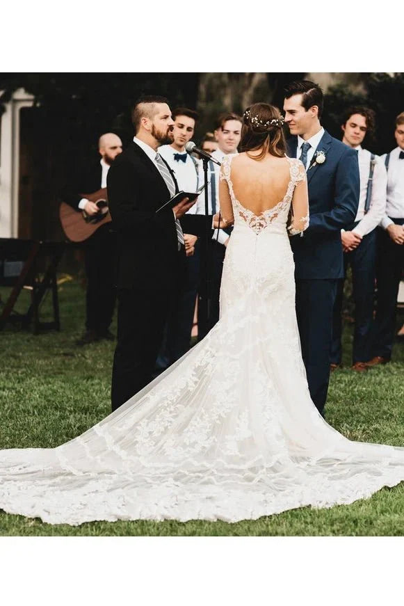 Brilliant Lace Bohemian Deep V Back Cathedral Train Wedding Dress