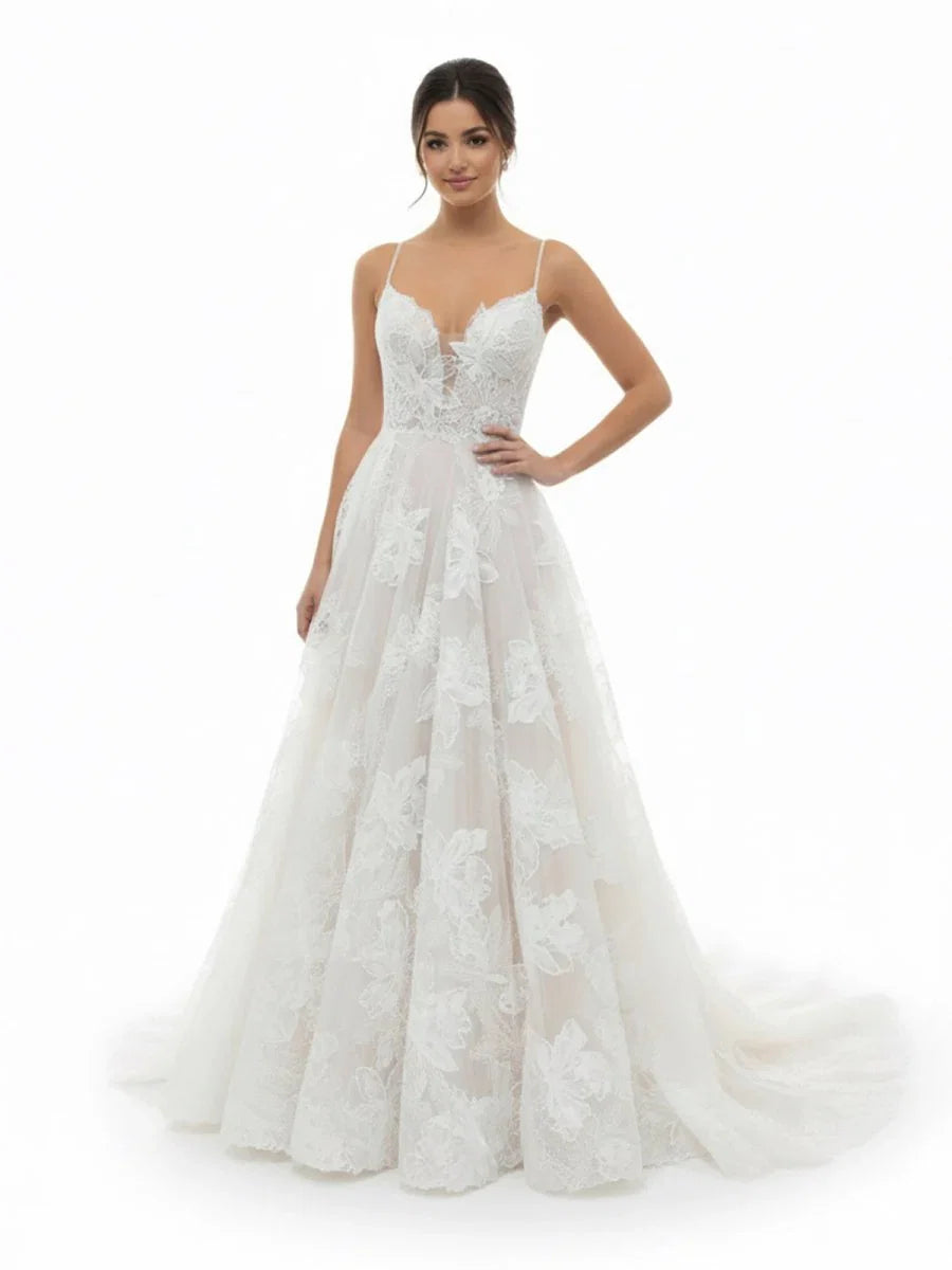 Boho White A Line Lace Appliques Wedding Dress