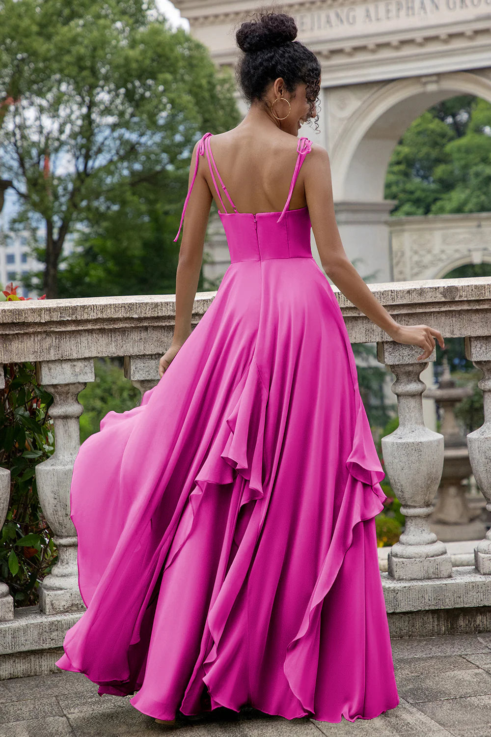 A Line Spaghetti Straps Chiffon Long Eucalyptus Bridesmaid Dress with Ruffles