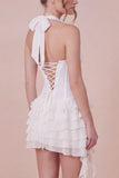 Halter Corset Tiered Ruffled White Graduation Dress with Side Streamer