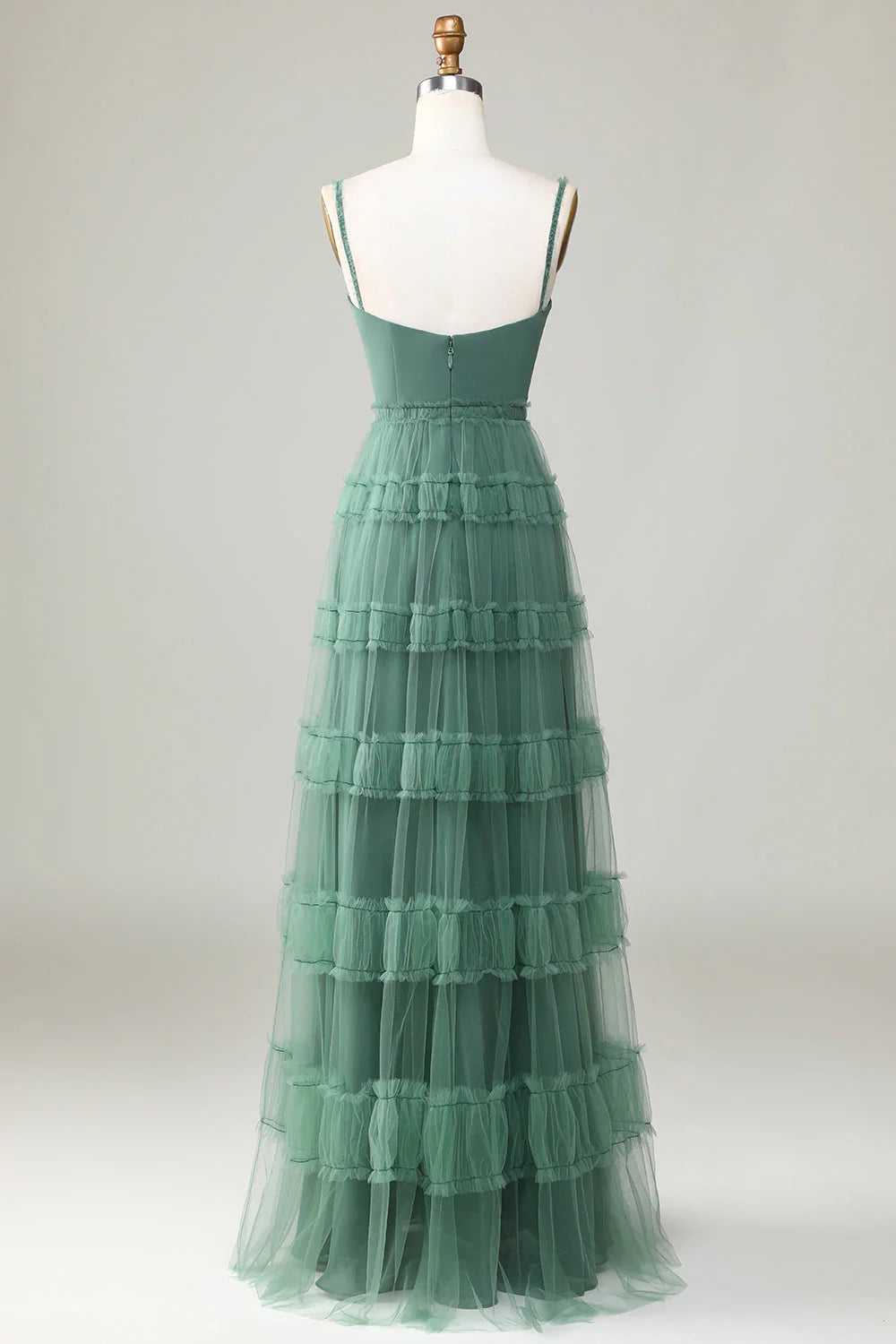 Eucalyptus A Line Spaghetti Straps Tiered Tulle Plus Size Bridesmaid Dress