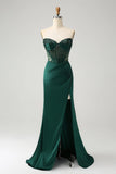 Sparkly Dark Green Mermaid Strapless Beaded Corset Long Prom Dress with Slit