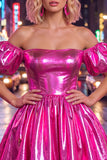 Fuchsia Metallic Off the Shoulder A Line Homecoming Dress with Puff Sleeves
