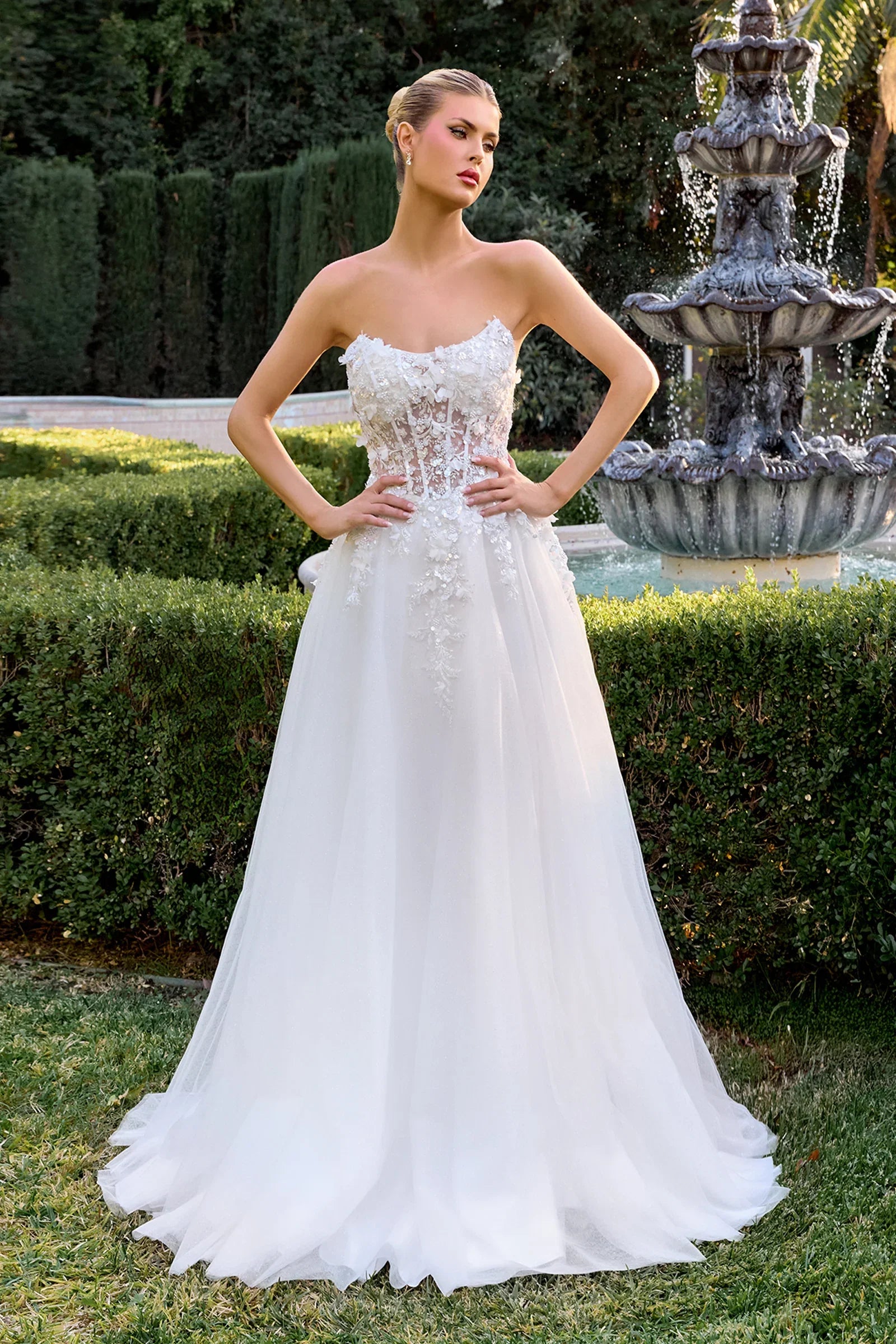 April Scoop Neck Ball Gown with Floral Appliqué Off White