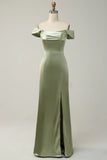 Green Sheath Convertible Strapless Satin Floor Length Dress with Slit