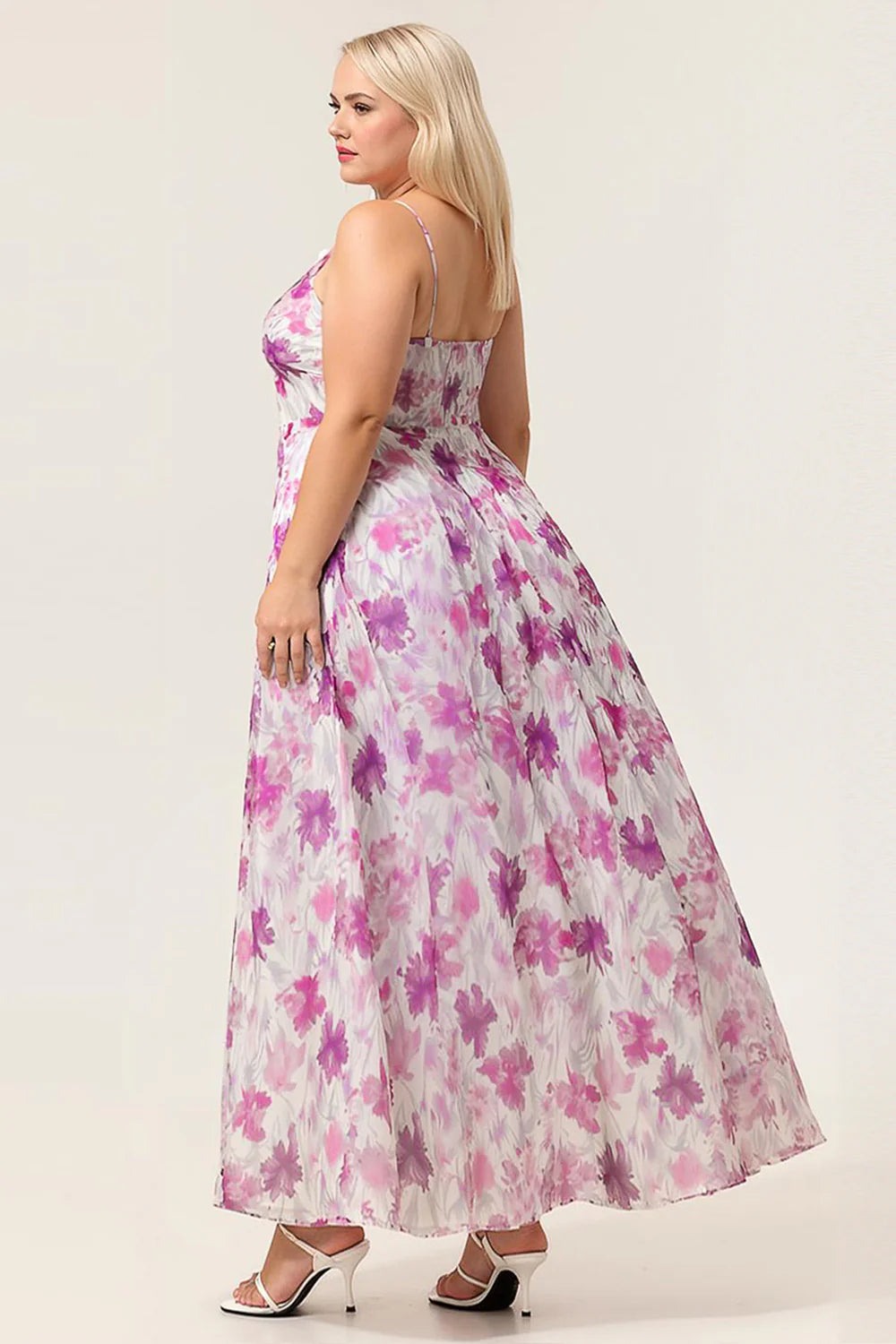 Purple Flower A Line Front Knot Print Maxi Plus Size Bridesmaid Dress with Slit