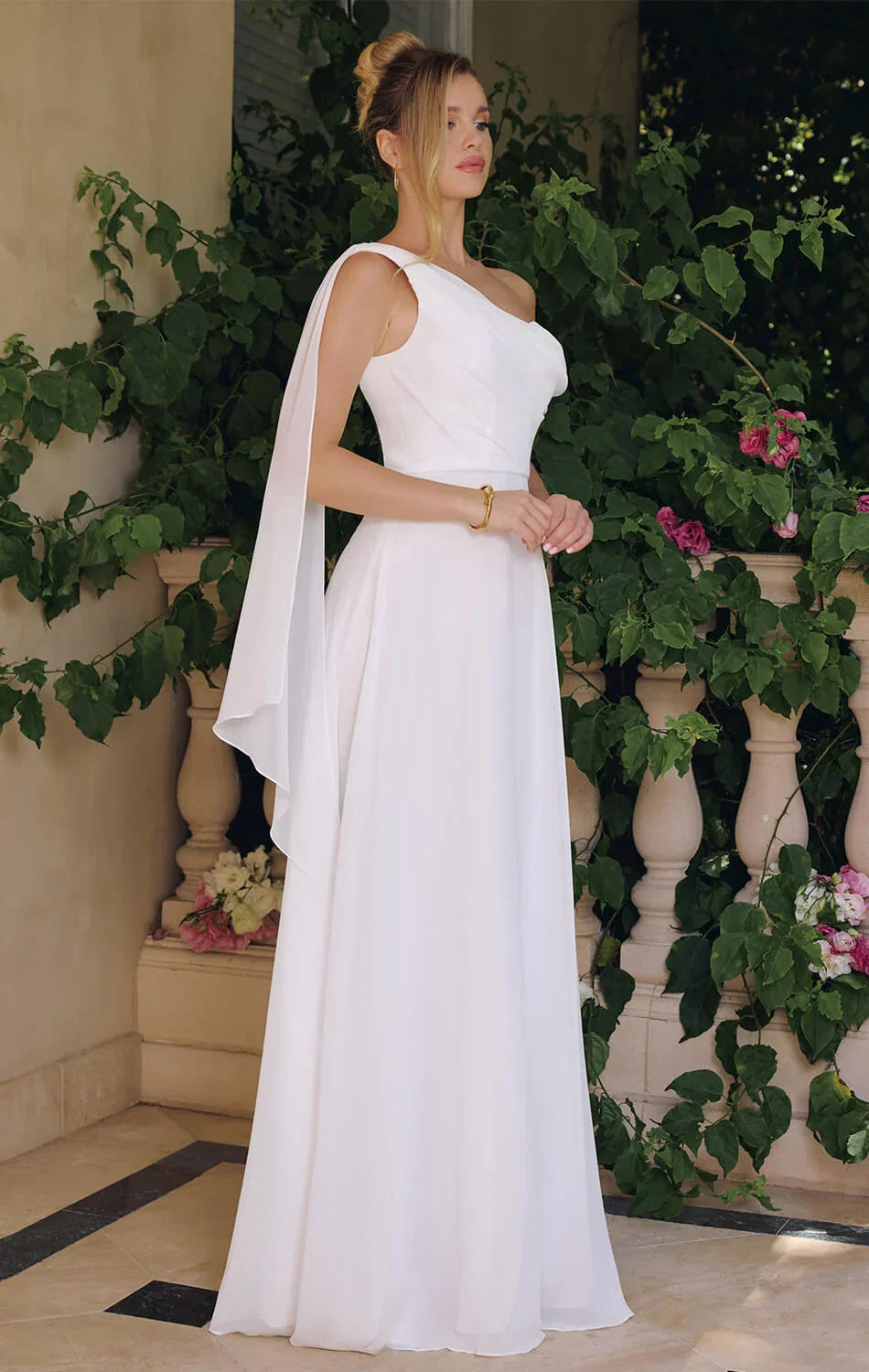 VENUS GOWN OFF WHITE ONE SHOULDER CHIFFON DRESS