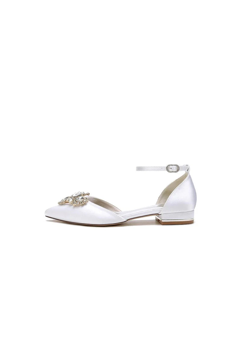 Satin Pointed Toe Ankle Strap Rhinestone Kitten Heels