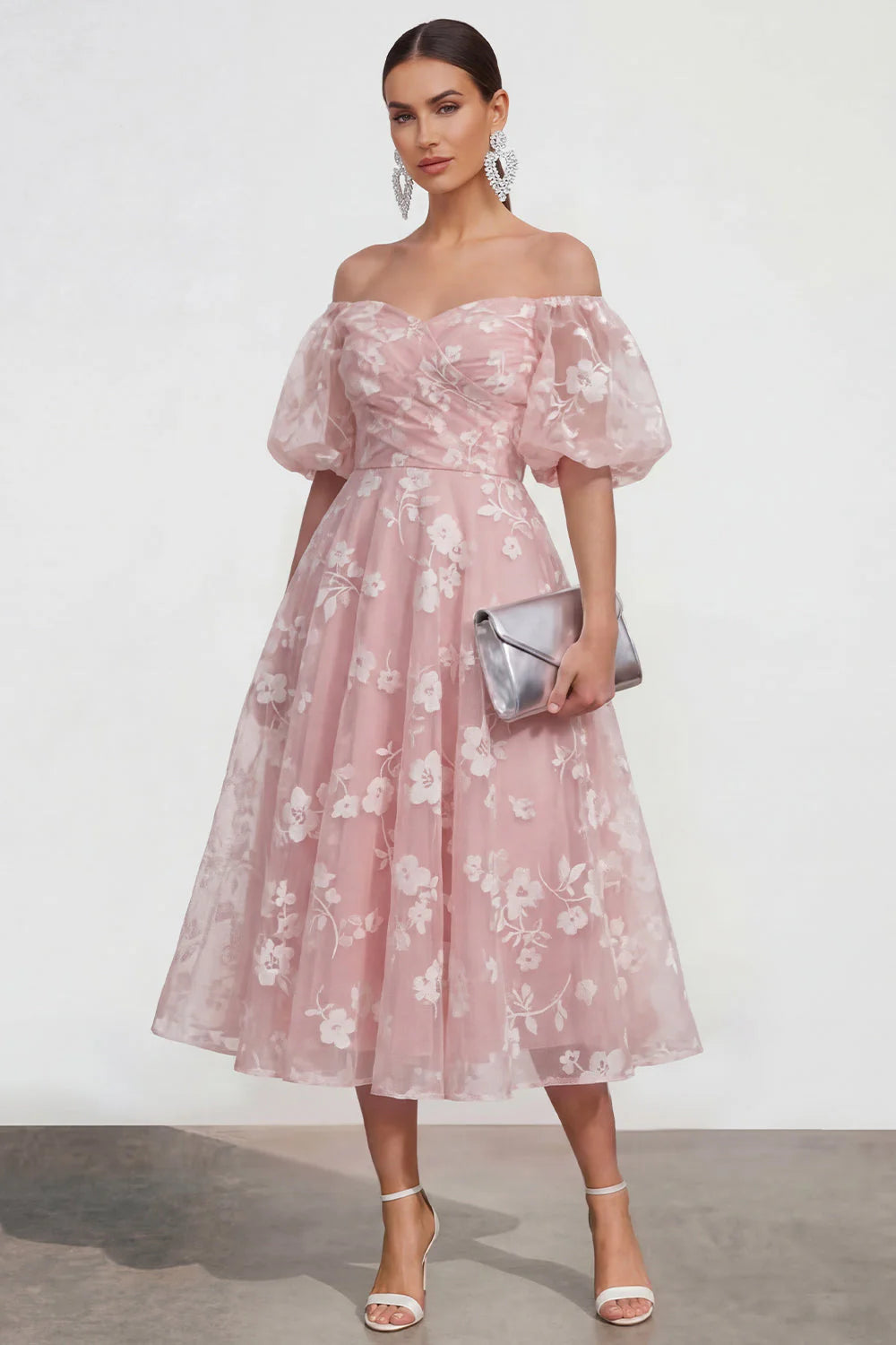 Off the Shoulder Floral Lilac Ruched A Line Wedding Guest Dress